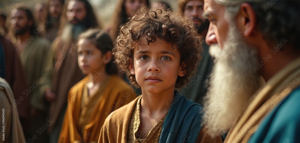 Fototapeta premium Young boy with curly hair listens intently to an elder with a long white beard. A crowd watches in the background. This scene reflects historical and religious teachings. Wisdom shared.