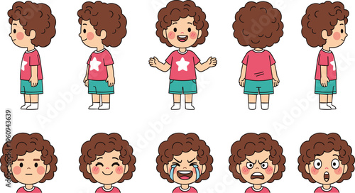 Curly Hair Cartoon Kid Character Turnaround with Multiple Facial Expressions Showing Happy, Crying, Angry and Surprised Emotions for Animation and Design.
