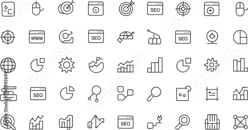 SEO icons, web analytics symbols, digital marketing vector, data visualization illustration, online business design, search optimization art, network outline, chart