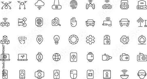 Technology icons set, smart devices, cloud computing, drones, fingerprint recognition, gaming, smart home, wireless communication, virtual reality, smartwatch, sensors
