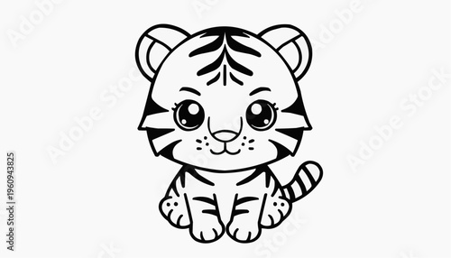 Cartoon tiger cub illustration with cute sitting pose stripes big eyes tail and playful design