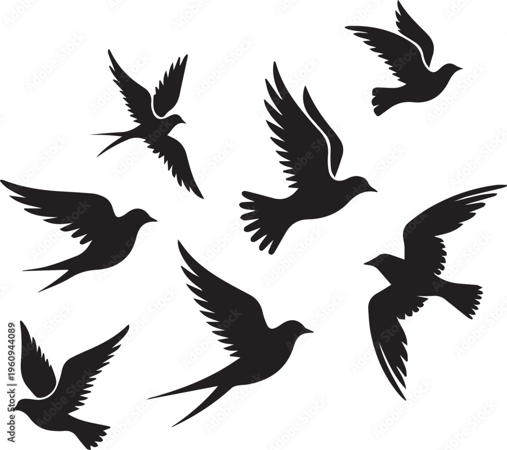 Fototapeta premium Silhouette Bird flock doodle. Flying birds black silhouettes in sky, dove, seagull or swallow group freedom outline symbol for landscape. Vector isolated