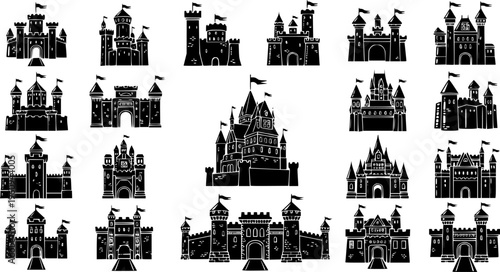 Medieval Castle and Royal Fortress Silhouette Collection - Ancient Stronghold and Fairytale Palace Vector Set