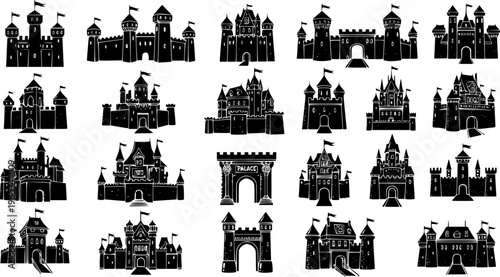 Medieval Castle and Royal Fortress Silhouette Collection - Ancient Stronghold and Fairytale Palace Vector Set