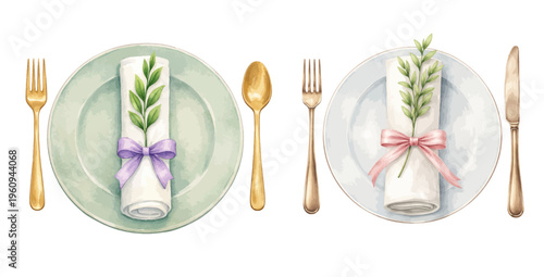 Watercolor wedding table setting collection with pastel plates, folded napkins, floral sprigs and gold cutlery isolated on white background.