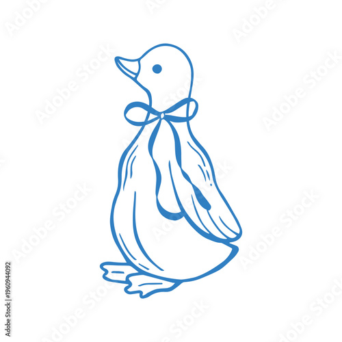 A silly goose with a flirty bow in outline style. Spring Easter illustration. Cottagecore farm animal. Whimsical decorative blue clip art. Line art vector sketch illustration