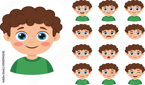 Cute Cartoon Curly Hair Boy Face Expression Set with Happy, Sad, Crying, and Playful Emotions for Kids Avatar Vector Illustration Design.