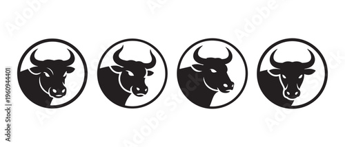Black Bull Heads in Circular Frames on White Background, Representing Strength and Power.
