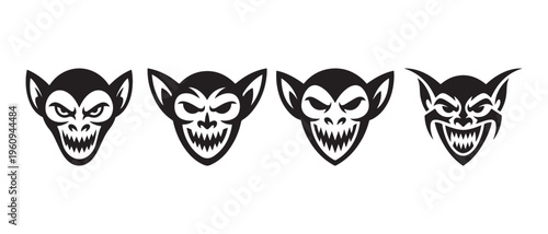 Set of four menacing monkey or demon face icons with sharp teeth and evil grins in black and white Background.