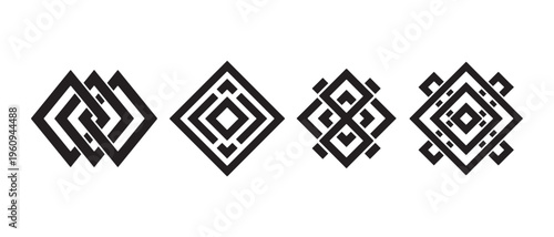 Geometric patterns, Celtic knot inspired diamond shapes, abstract symbol collection on white background.