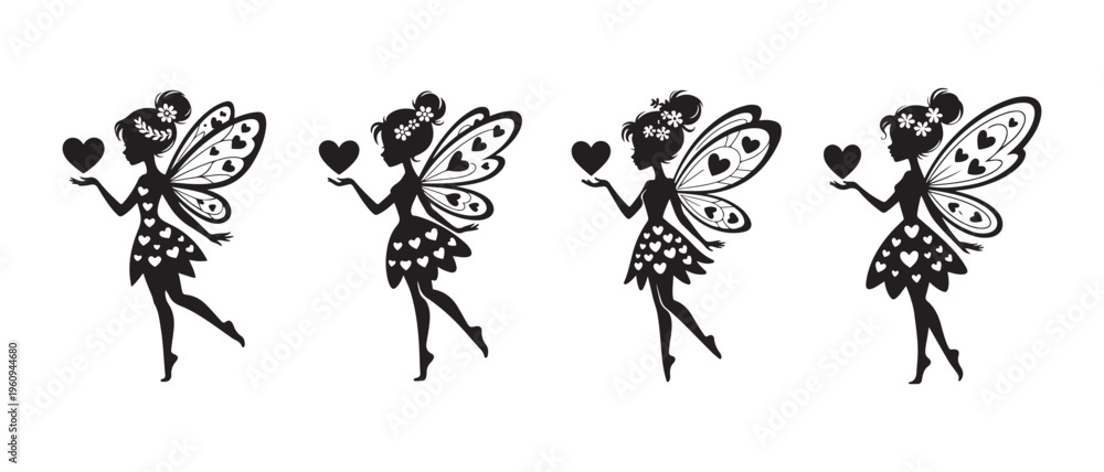 Obraz premium Silhouette Fairies Holding Hearts, Whimsical Butterfly Wings, Decorative Skirts with Heart Patterns.