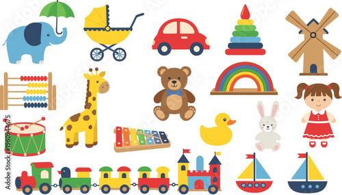 Cute Kids Toys and Cartoon Objects Set Featuring Elephant, Giraffe, Teddy Bear, Train, Car, Rainbow, Duck and Educational Play Elements Design.