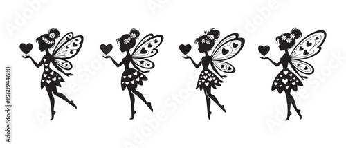 Silhouette Fairies Holding Hearts, Whimsical Butterfly Wings, Decorative Skirts with Heart Patterns.