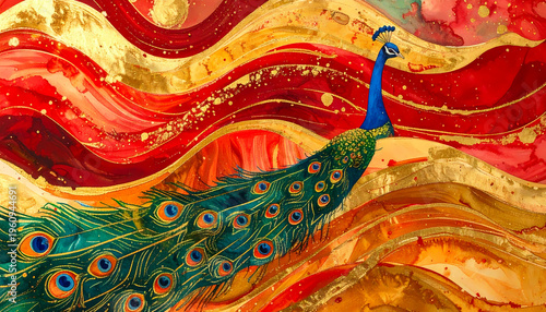 Festive background with peacock feather details blending into rich red and golden paint texture Indian celebration backdrop for invitation greeting card wedding poster luxury decorative use