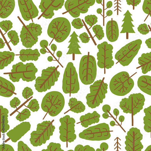Seamless pattern of hand drawn green trees in doodle style. Green trees seamless texture for eco friendly textile, wrap, wallpaper and fabric design