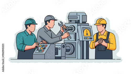 Industry Experts at Work: Skillful technicians collaborate on a sophisticated industrial machine. Capturing the essence of precision engineering and teamwork.