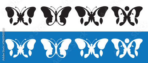Elegant butterfly and human face optical illusion logos, a creative vector set on contrasting backgrounds.