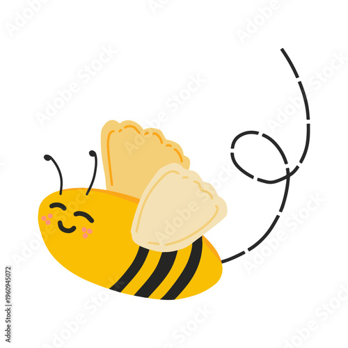 Cute happy flying bee cartoon character clipart vector illustration. Hand drawn honey bee with dashed flight path trail clipart vector