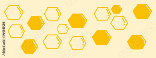 Yellow honeycomb cell pattern and honeycombs vector illustration. Hand drawn simple yellow hexagon cells for honey and apiary branding