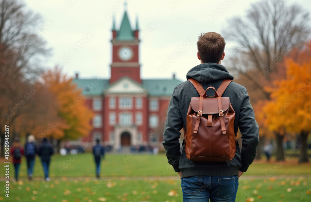 Fototapeta premium Young man with leather backpack walks on campus lawn. Autumn trees display bright orange leaves near red university building. Students walk in background during fall.
