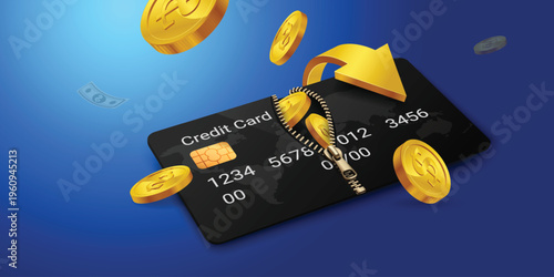 Cashback and money savings concept with 3D credit card zipper opening with gold coins and return arrow, financial refund, online banking reward and digital investment illustration.