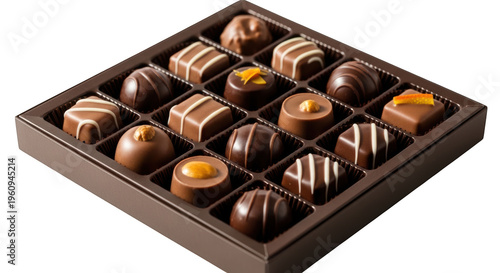 A box of assorted gourmet chocolates with various shapes, textures, and toppings arranged in a grid, isolated on transparent background