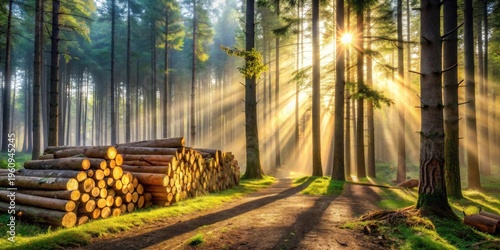 Golden sunbeams illuminate a serene woodland path, casting long shadows across a stack of neatly arranged timber logs resting on a mossy bank.