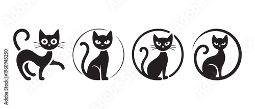 Minimalist black cat vector illustrations, a set of elegant and mysterious feline icons on a white background.