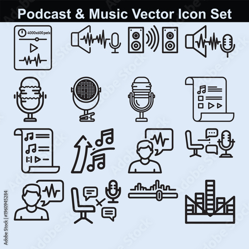 Podcast and music vector icon set includes microphones, audio waves, and playlists.
