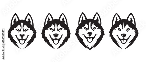 Happy Husky Dog Head Vector Illustration Set. Smiling Black and White Sled Dog Graphics on White Background for Design.