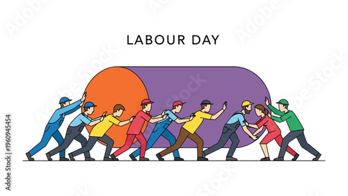 Labour Day Solidarity: A line of hardworking individuals pushing a colossal sphere, symbolizing the collective effort and dedication of workers celebrated on Labour Day.