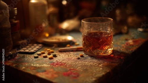 Glass of liquor, scattered pill, blister pack and tablet on cluttered surface symbolizing drug misuse, addiction, treatment and overdose risk.