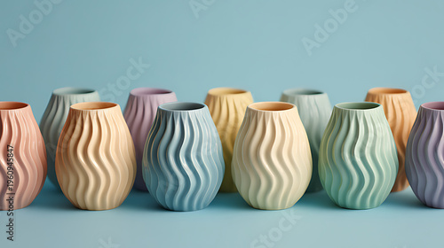 a line of pastel-colored egg-shaped containers