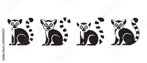 Ring-tailed Lemur Icons Set. Stylized Black and White Vector Graphics of Primate Animals.