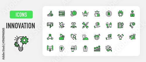 Innovation icon. Improvement, Literature, Effective, Adoption, New Product, Recovery, Collaboration, Development, Definition, Successful, Modification, Practice, Problem Solving, Survey vector. 
