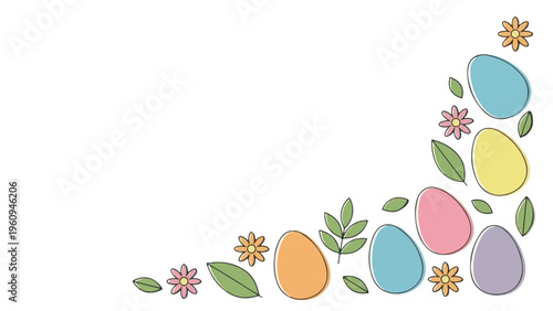 Easter eggs and soft evergreen leaves in pastel colors