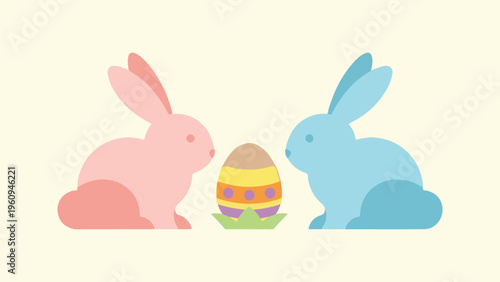 Easter bunnies face soft pastel evergreen surroundings