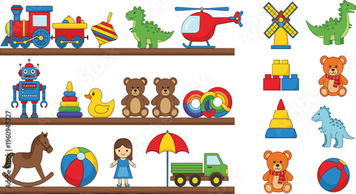 Kids Toys Shelf Collection Featuring Train, Helicopter, Dinosaur, Teddy Bears, Robot, Duck, Blocks, Ball and Colorful Cartoon Play Elements Design.