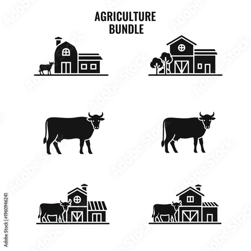 Agriculture Bundle Icons with Farm Buildings and Cows