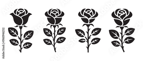 Black silhouette of four roses with leaves and thorns on white background, vector illustration.