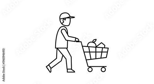 Man pushing shopping cart with goods.