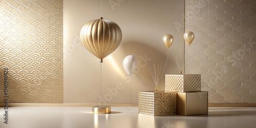 Elegant Golden Balloons and Geometric Cubes in a Luxurious Setting