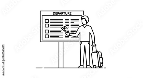 Man with luggage at departure board.