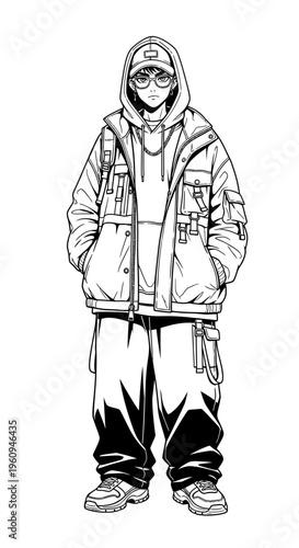 Anime Style Young Man in Streetwear Hoodie and Cargo Pants Line Art