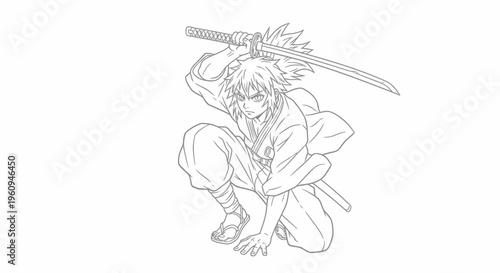 Anime Warrior Drawing with Katana Sword Line Art