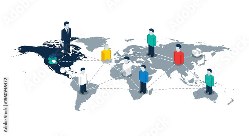 People standing on world map globe.