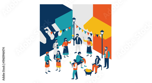 People walking in a street scene.