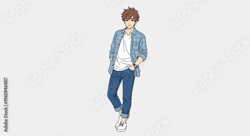 Anime Style Young Man Standing in Casual Clothing