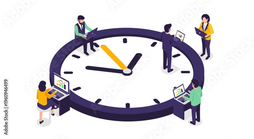 People Working Around Large Clock.
