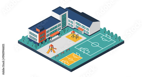 School Building with Playground Equipment.